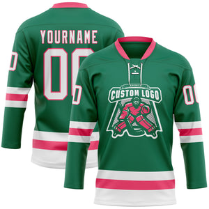 Custom Kelly Green White-Neon Pink Hockey Lace Neck Jersey