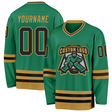 Custom Kelly Green Black-Old Gold Hockey Jersey