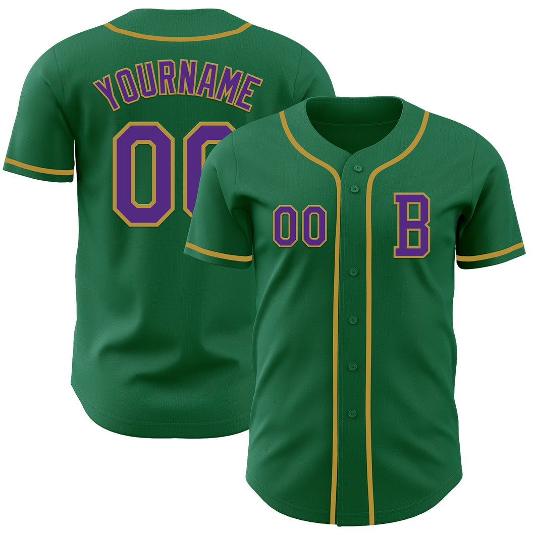 Custom Kelly Green Purple-Old Gold Authentic Baseball Jersey