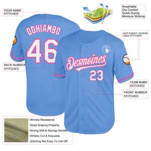 Custom Light Blue White-Pink Mesh Authentic Throwback Baseball Jersey