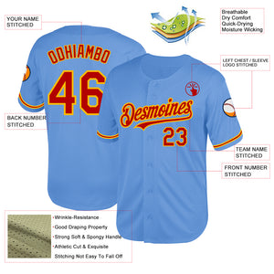 Custom Light Blue Red-Gold Mesh Authentic Throwback Baseball Jersey