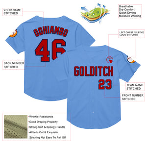 Custom Light Blue Red-Navy Mesh Authentic Throwback Baseball Jersey