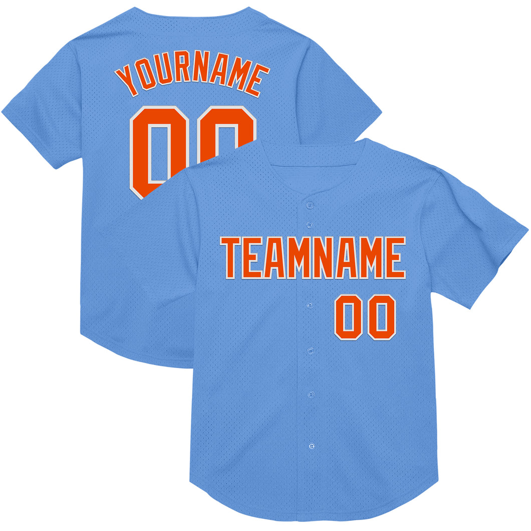 Custom Light Blue Orange-White Mesh Authentic Throwback Baseball Jersey