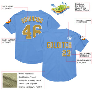 Custom Light Blue Old Gold-White Mesh Authentic Throwback Baseball Jersey