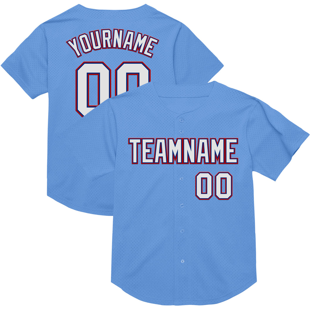 Custom Light Blue Royal-Red Mesh Authentic Throwback Baseball Jersey