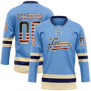 Custom Light Blue Vintage USA Flag Cream-Navy Hockey Lace Neck Jersey