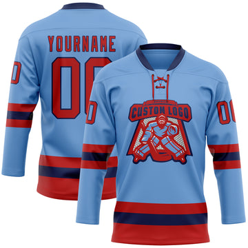 Custom Light Blue Red-Navy Hockey Lace Neck Jersey