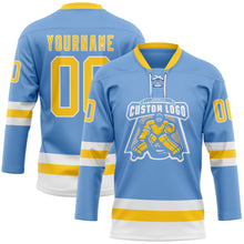 Загрузить изображение в средство просмотра галереи, Custom Light Blue Yellow-White Hockey Lace Neck Jersey
