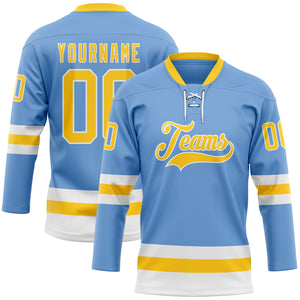 Custom Light Blue Yellow-White Hockey Lace Neck Jersey