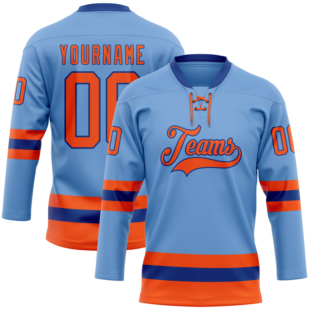 Custom Light Blue Orange-Royal Hockey Lace Neck Jersey