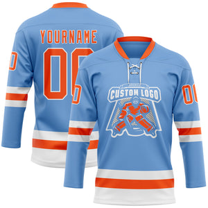 Custom Light Blue Orange-White Hockey Lace Neck Jersey