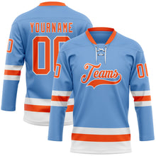 Загрузить изображение в средство просмотра галереи, Custom Light Blue Orange-White Hockey Lace Neck Jersey
