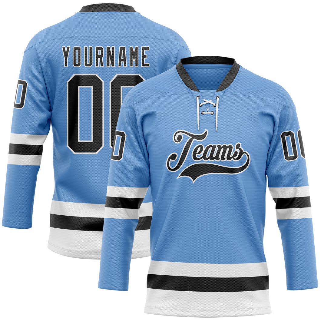 Custom Light Blue Black-White Hockey Lace Neck Jersey