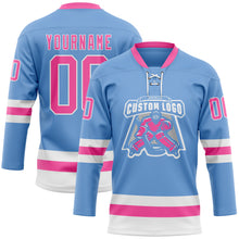 Загрузить изображение в средство просмотра галереи, Custom Light Blue Pink-White Hockey Lace Neck Jersey
