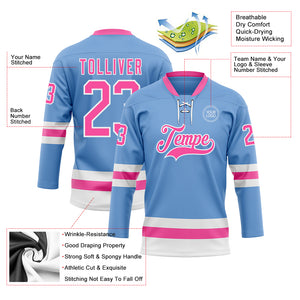 Custom Light Blue Pink-White Hockey Lace Neck Jersey