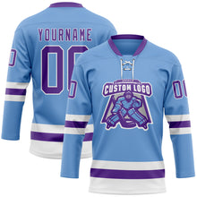 Загрузить изображение в средство просмотра галереи, Custom Light Blue Purple-White Hockey Lace Neck Jersey
