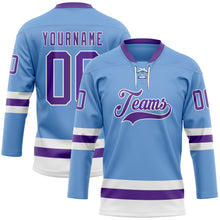 Загрузить изображение в средство просмотра галереи, Custom Light Blue Purple-White Hockey Lace Neck Jersey
