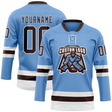 Загрузить изображение в средство просмотра галереи, Custom Light Blue Brown-White Hockey Lace Neck Jersey
