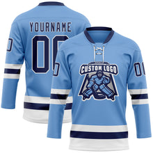 Загрузить изображение в средство просмотра галереи, Custom Light Blue Navy-White Hockey Lace Neck Jersey
