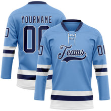 Загрузить изображение в средство просмотра галереи, Custom Light Blue Navy-White Hockey Lace Neck Jersey
