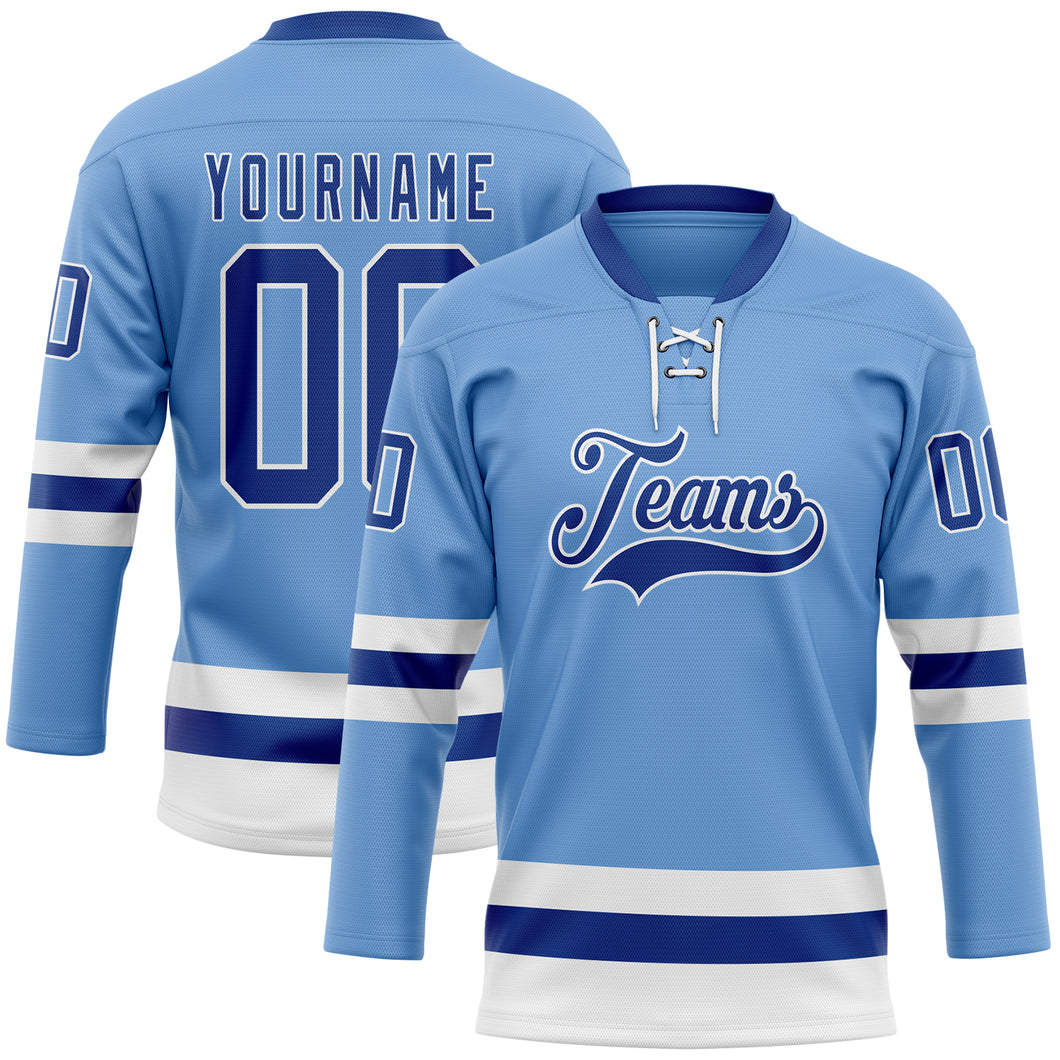 Custom Light Blue Royal-White Hockey Lace Neck Jersey