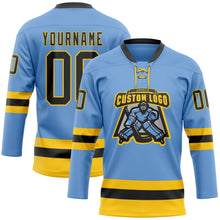 Загрузить изображение в средство просмотра галереи, Custom Light Blue Black-Yellow Hockey Lace Neck Jersey
