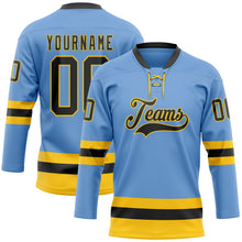 Загрузить изображение в средство просмотра галереи, Custom Light Blue Black-Yellow Hockey Lace Neck Jersey
