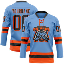 Загрузить изображение в средство просмотра галереи, Custom Light Blue Black-Orange Hockey Lace Neck Jersey
