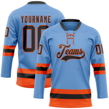 Загрузить изображение в средство просмотра галереи, Custom Light Blue Black-Orange Hockey Lace Neck Jersey
