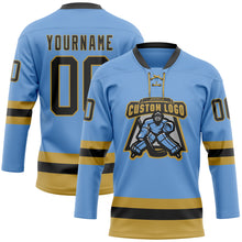 Загрузить изображение в средство просмотра галереи, Custom Light Blue Black-Old Gold Hockey Lace Neck Jersey
