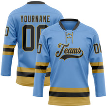 Загрузить изображение в средство просмотра галереи, Custom Light Blue Black-Old Gold Hockey Lace Neck Jersey
