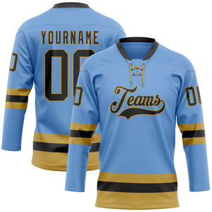 Custom Light Blue Black-Old Gold Hockey Lace Neck Jersey