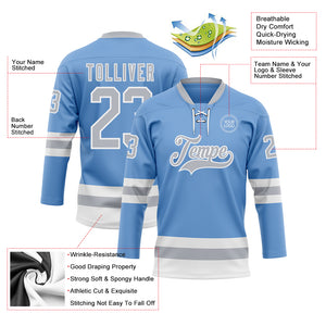 Custom Light Blue Gray-White Hockey Lace Neck Jersey