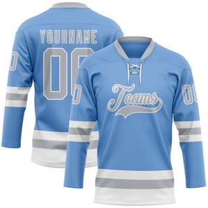 Custom Light Blue Gray-White Hockey Lace Neck Jersey