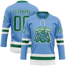 Загрузить изображение в средство просмотра галереи, Custom Light Blue Kelly Green-White Hockey Lace Neck Jersey
