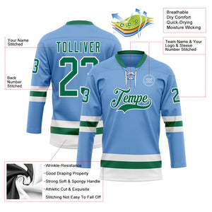 Custom Light Blue Kelly Green-White Hockey Lace Neck Jersey