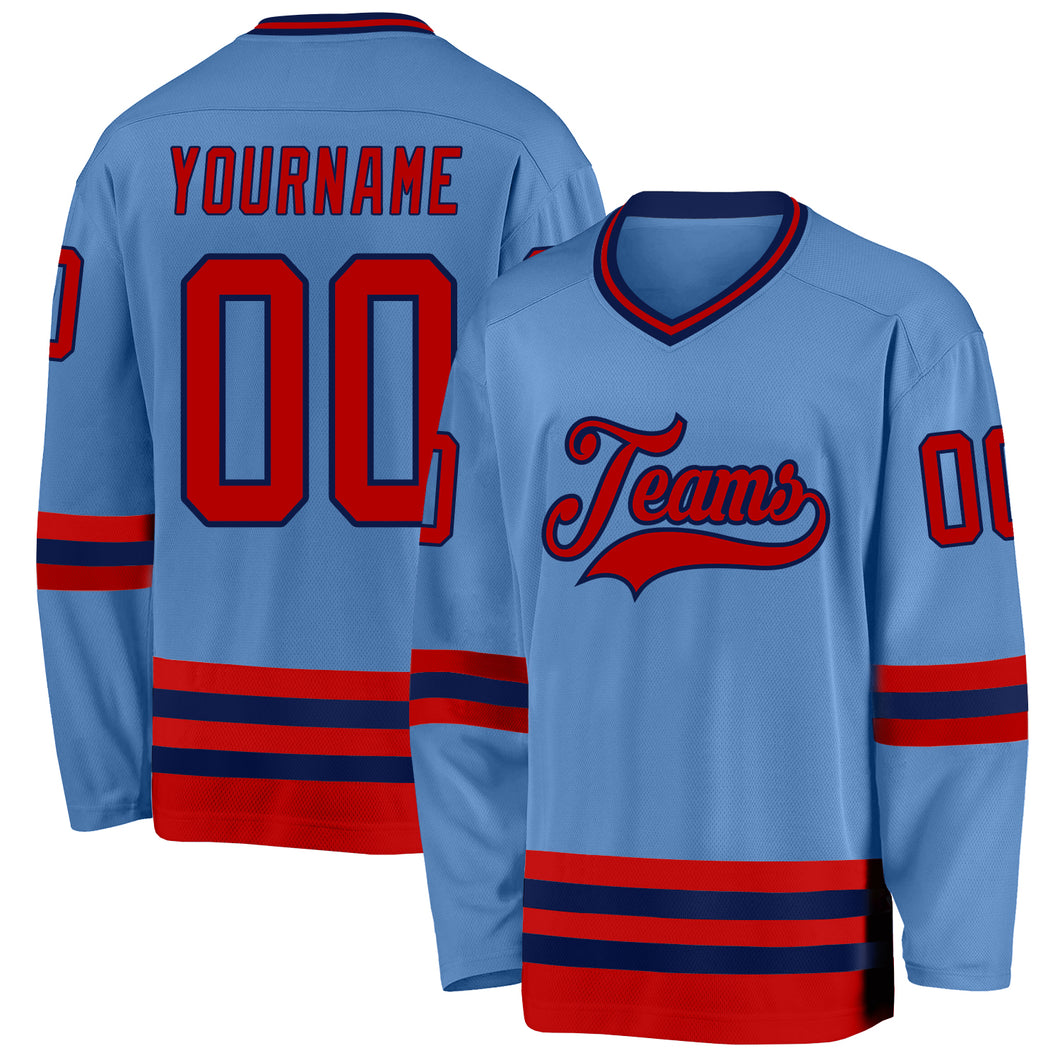 Custom Light Blue Red-Navy Hockey Jersey