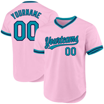 Custom Light Pink Teal-Navy Authentic Throwback Baseball Jersey