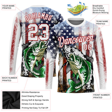 Custom White Red-Royal 3D American Flag And Bass Fish Fishing Long Sleeve Performance T-Shirt