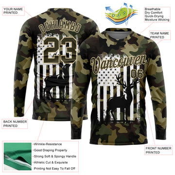 Custom Camo Olive-White 3D Animal Deer Hunting American Flag Long Sleeve Performance T-Shirt