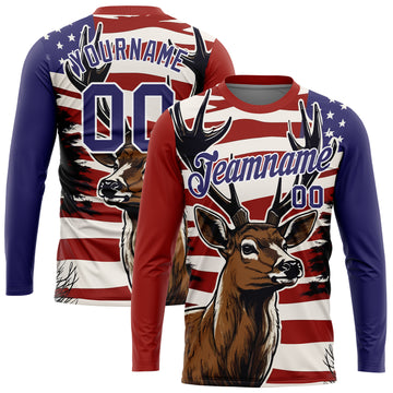 Custom Red Purple-White 3D Animal Deer Hunting American Flag Long Sleeve Performance T-Shirt