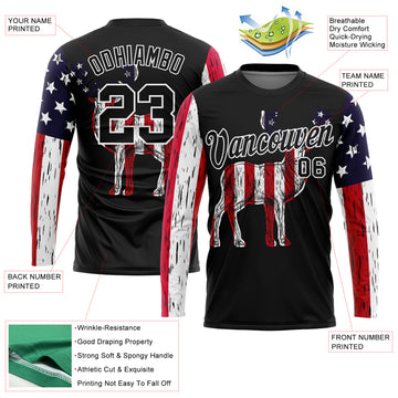 Custom Black White 3D Animal Deer Hunting American Flag Long Sleeve Performance T-Shirt