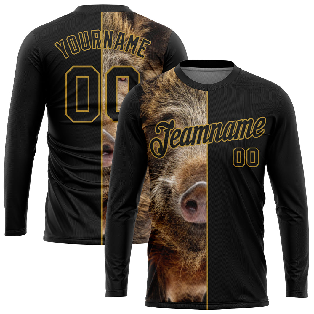 Custom Black Old Gold 3D Animal Boar Hunting Long Sleeve Performance T-Shirt