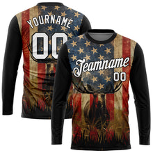 Load image into Gallery viewer, Custom Black White 3D Animal Deer Hunting American Flag Long Sleeve Performance T-Shirt
