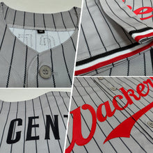 Load image into Gallery viewer, Custom Gray Black Pinstripe Red-White Authentic Baseball Jersey
