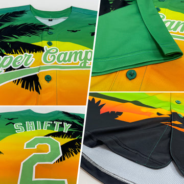 Custom Pea Green Black-White 3D Pattern Design Hawaii Palm Trees And Beach Sunset Authentic Baseball Jersey