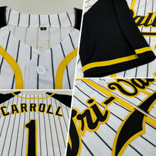 Laden Sie das Bild in den Galerie-Viewer, Custom White Black Pinstripe Black-Gold Authentic Raglan Sleeves Baseball Jersey
