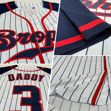 Custom White Navy Pinstripe Navy-Red Authentic Raglan Sleeves Baseball Jersey