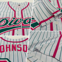 Laden Sie das Bild in den Galerie-Viewer, Custom White Teal Pinstripe Pink Authentic Baseball Jersey
