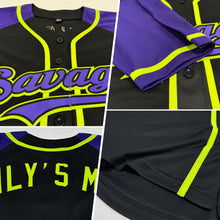 Загрузить изображение в средство просмотра галереи, Custom Black Purple-Neon Green Authentic Raglan Sleeves Baseball Jersey
